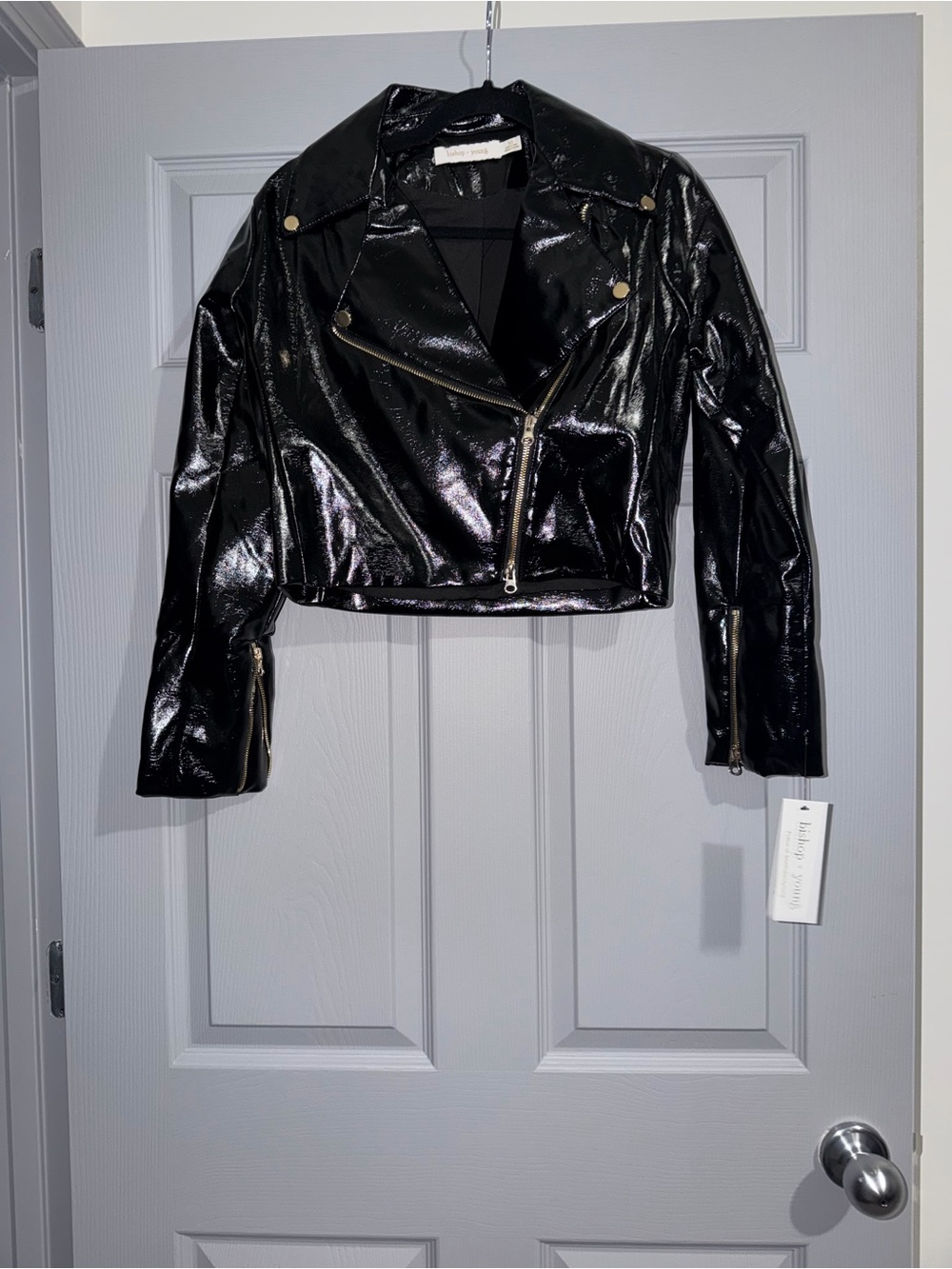 bishop + young Black Patent Faux Leather Cropped Moto Jacket